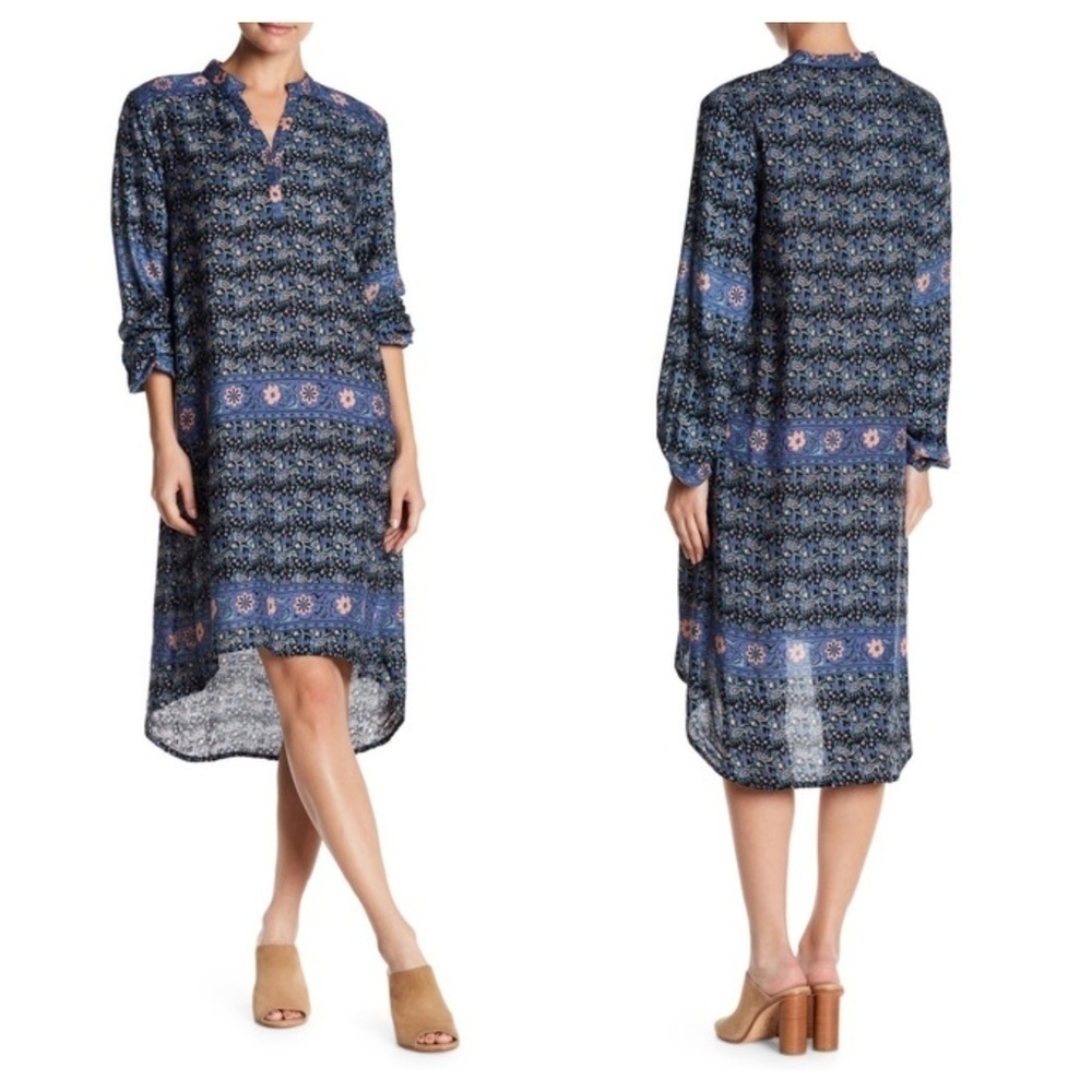 NEW RAGA Revolve M Boho Midi Shirt Dress Batik print High-low hem Long sleeves